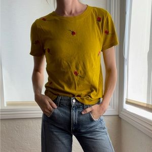 J. Crew Embroidered Rose Mustard Yellow T-Shirt, Size XS